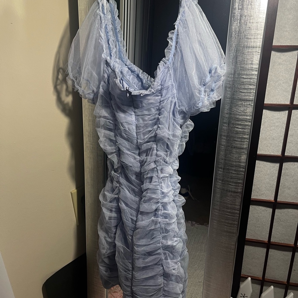 Light Blue Ruffled Mesh Mini Dress - Picture 2 of 3